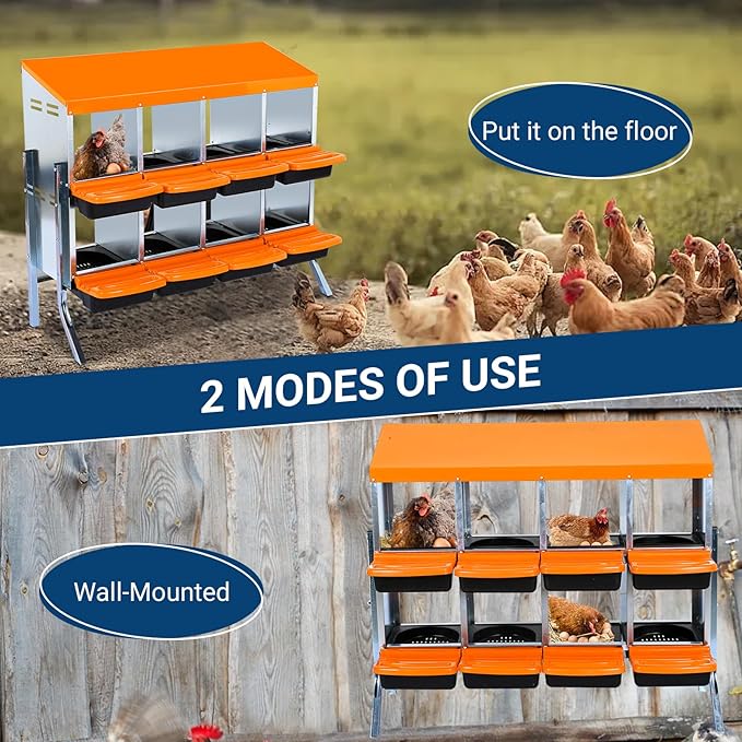 GarveeLife Chicken Nesting Box, 8 Compartments Nesting Boxes for Chickens, Chicken Laying Boxes with Legs, Roll Away Nesting Box for Chickens Laying Egg with Lid Cover to Protect Eggs, Orange