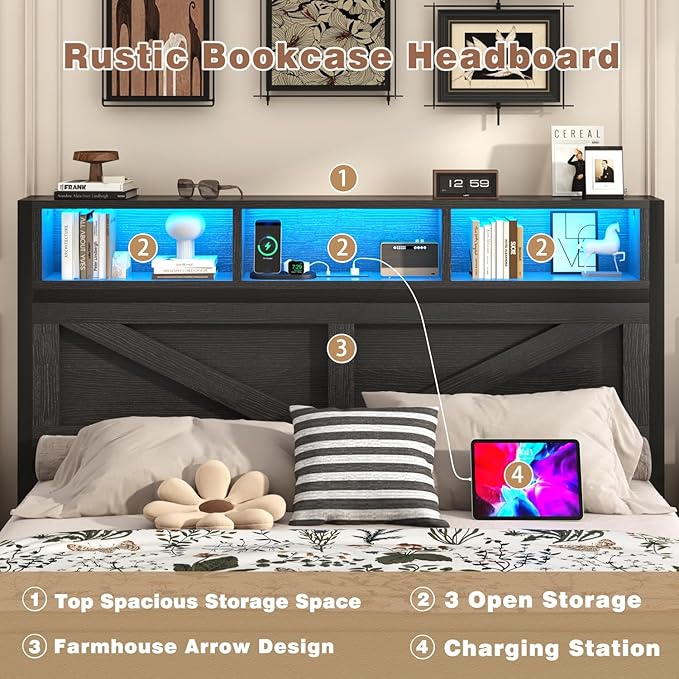 Farmhouse Queen Bed Frame with Bookcase Storage Headboard, Charging Station