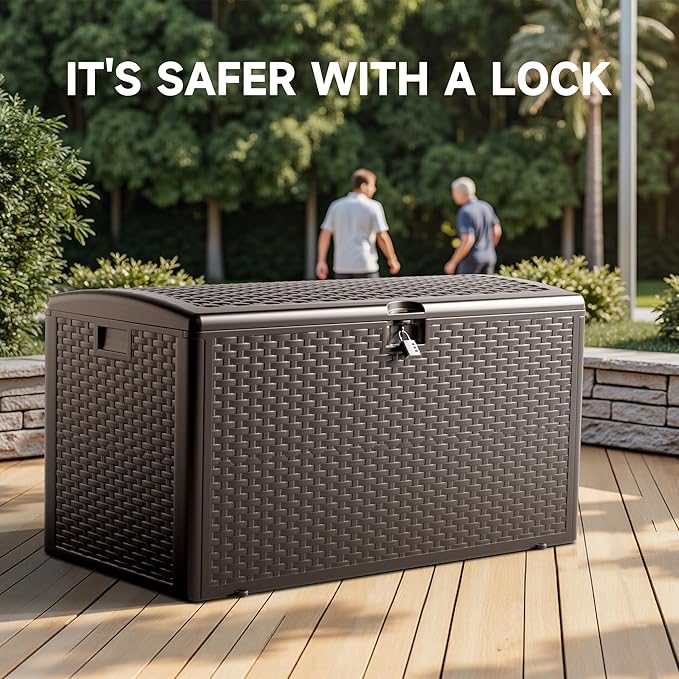 73 Gallon Resin Deck Box, Double Layer Waterproof & Outdoor Indoor Lockable Storage Box for Patio Furniture Cushions Garden Tools (Brown)