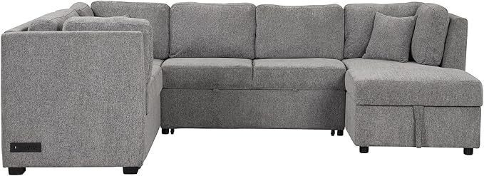 Ball & Cast 108.6" Sleeper Sectional Pull Out Sofa with 2 USB Ports,Two Power Sockets,Versatile U-Shape Couch w/ 3 Back Pillows and Storage Chaise,for Living Room,Office,Apartment,Light Gray