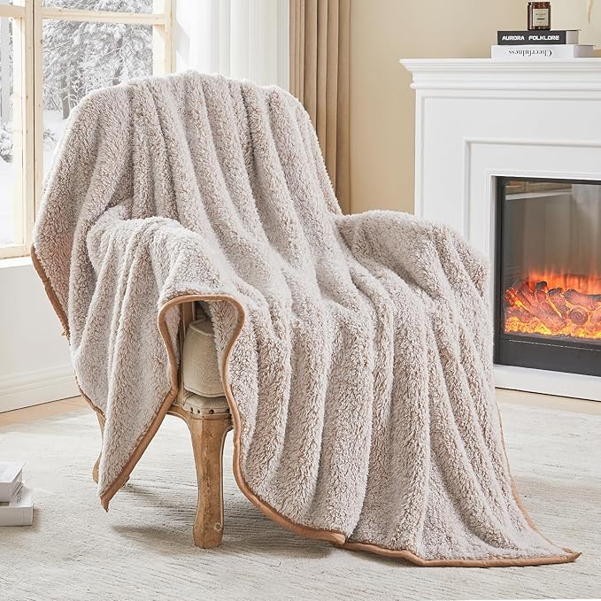 EMME Soft Sherpa Fleece Blanket Reversible Plush Fluffy Large Blanket, Light Weight Warm Decorative Boho Blanket Cover for Sofa, Couch, Bedroom,Travel(Khaki,108"x90")