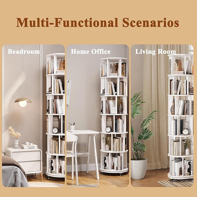 6 Tier Rotating Bookshelf Tower Spinning Bookshelf with Swivel Wheels Book Shelf Rotating Storage Tower for Kids Adult Narrow Walnut Solid Wood Revolving Bookcase Organizer for Bedroom Living Room