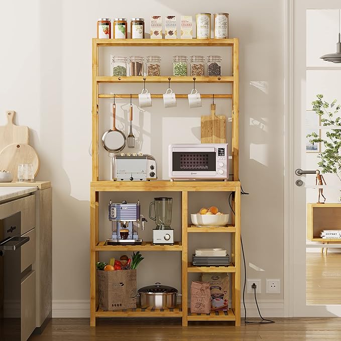 Bakers Rack with Power Outlets, 8-Tier Microwave Stand, Kitchen Utility Storage Shelf 10 S-Shaped Hooks, Coffee Bar Table Station, Standing Rack, 31.5 x 15.7 x 65 Inches, Bamboo