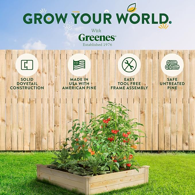 Greenes Fence Original Pine Raised Garden Bed, 4' x 4' x 10.5" - Made in USA with American Pine