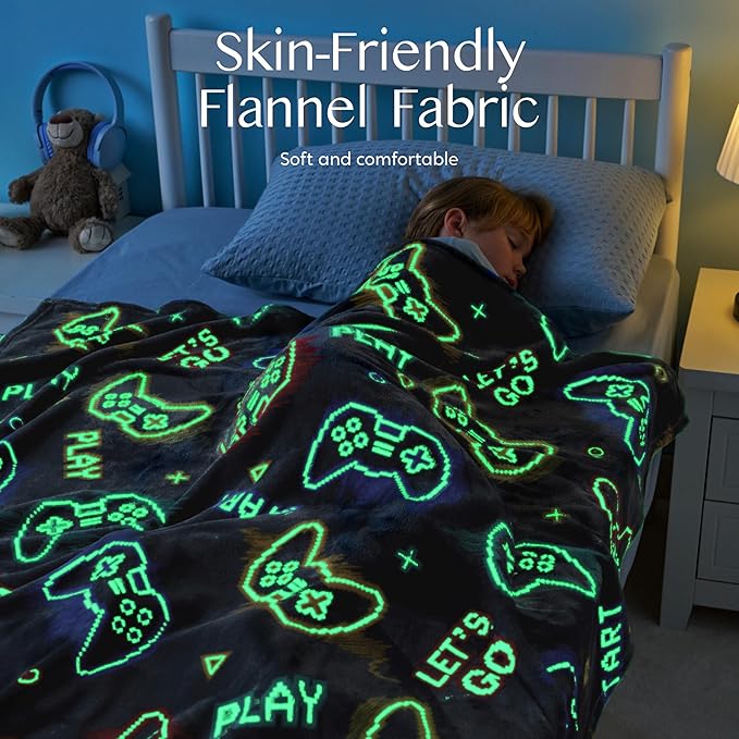 Joiedomi Glow in The Dark Gaming Blanket Gamer Gifts for Boys Age 2 3 4 5 6 7 8 9 10 11 12 Year Old, Soft Cozy Flannel Kids Throw Blanket, Birthday Bedroom Decor Grey 50"×60"