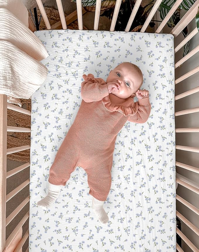 Mini Crib Sheets for Baby Boy Girl 2 Pack, Neutral Mini Crib Mattress Sheet 24" x 38", Muslin Nursery Bedding Soft and Breathable Comfort (Bluebell Bloom & Light Blue)