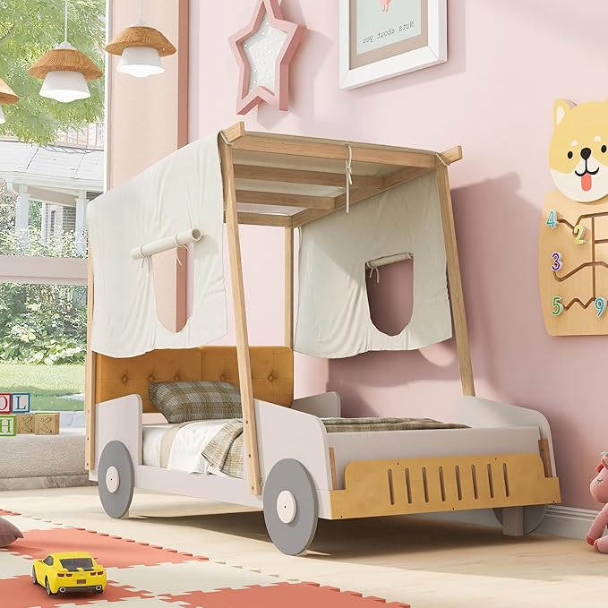 Merax Car Shaped Platform Bed for Kids Twin Size, Solid Wood Bed Frame with Back Cushion & Ceiling Cloth, for Boys Girls Teens, Natural