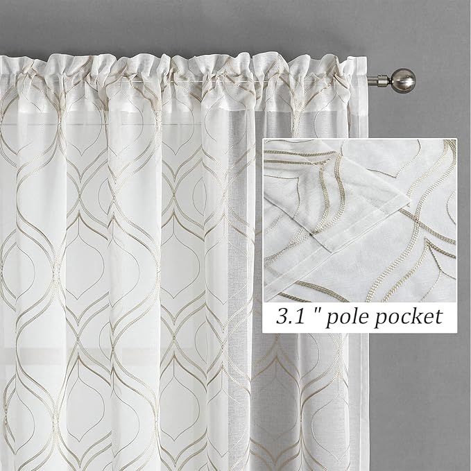 VISIONTEX White Sheer Curtains 120 Inches Long 2 Panels Set Brown Moroccan Embroidered Curtains Trellis French Textured Rod Pocket Voile Tulle Semi Window Drapes for Bedroom Living Room 54 x 120 Inch