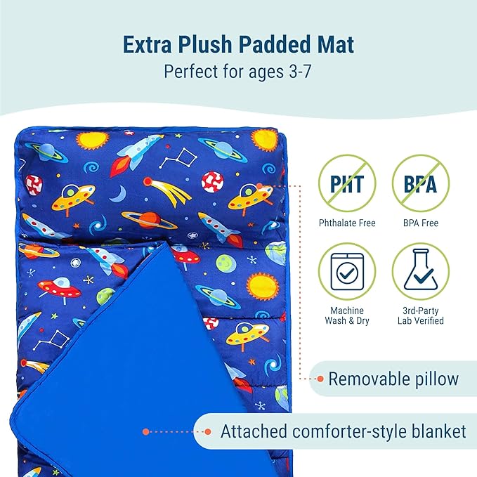 Wildkin Kids Microfiber Nap Mat – Soft Sleep Mat with Pillow, Ideal for School & Travel - Out of This World
