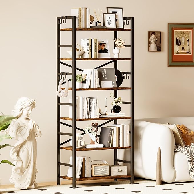 6 Tier Bookshelf, Industrial Bookcase with 8 Hooks, Vintage Storage Rack with Open Shelves, Rustic Standing Bookshelves Metal Frame Display Rack for Living Room, Bedroom, Rustic Brown