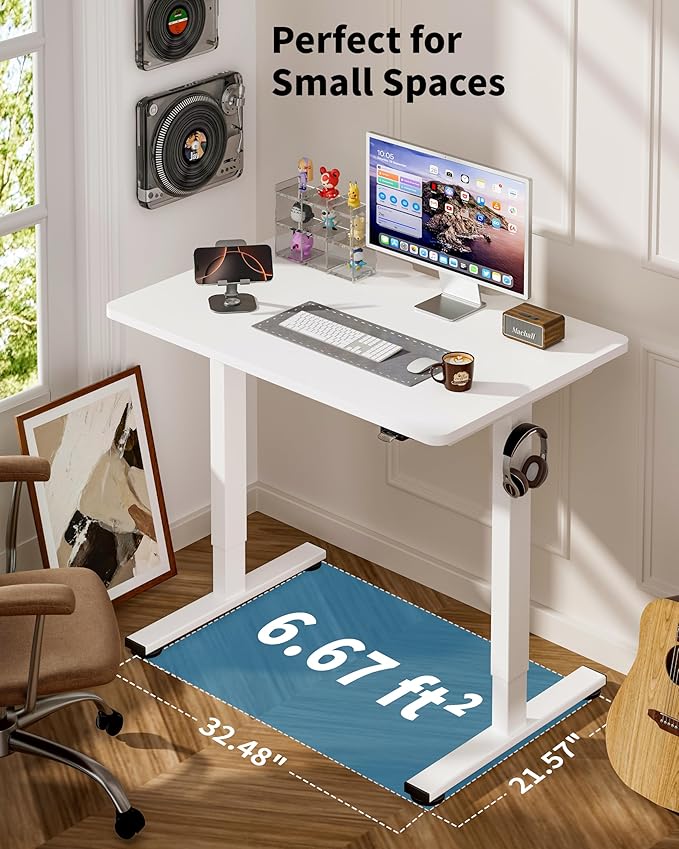 Okin Small Electric Standing Desk, 40" x 24" Whole Piece Height Adjustable White Sit to Stand Desk Computer Workstation for Home Office