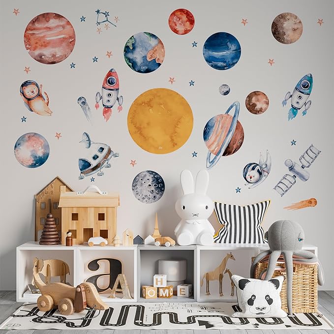 Solar System Wall Decals for Kids - Planets and Space Themed Wall Stickers by Lipastick - Peel and Stick Vinyl Decals for Boys and Girls Bedroom, Nursery, Playroom - Wall Stickers for Girls Room