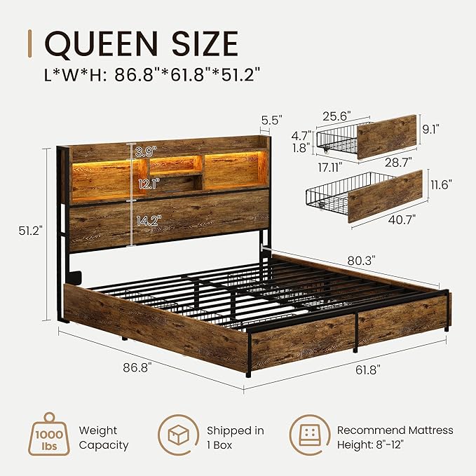 Queen Storage Bed Frame with 6 Drawers, USB Charging Station, No Noise