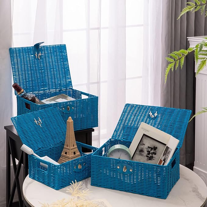 Set of 3 Woven Wicker Storage Basket Box with Lid & Lock, Built-in Carry Handles, Multifunctional Storage Organiser for Nursery, Baby, Clothes, Toys, Books, Large/Medium/Small Size (Sky Blue)