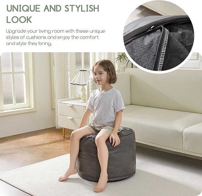 HIGOGOGO Round Stuffed Pouf Ottoman, Pu Leather Poufs with Foam Chunk Filling Foot Stool Storage Ottoman, 26 X 18 Floor Poufs Foot Rest for Living Room, Grey