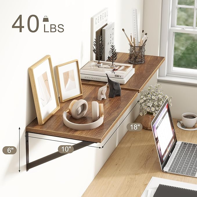 Fun Memories 18" W x10 D Floating Shelves, Farmhouse Wall Shelves Home Decor Shelf, Deep Bathroom Shelves with Bracket, 10 Inch Deep Wall Shelf for Living Room, Kitchen, Bedroom, Walnut, Set of 2