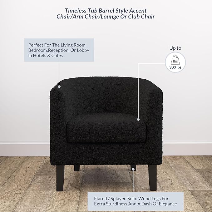 BELLEZE Living Room Chair, Teddy Polyester Accent Barrel Chair, Club Tub Sofa Chair for Bedroom, Corner Chair with Flared Legs and Cozy Soft Padding - Highland (Teddy Black)