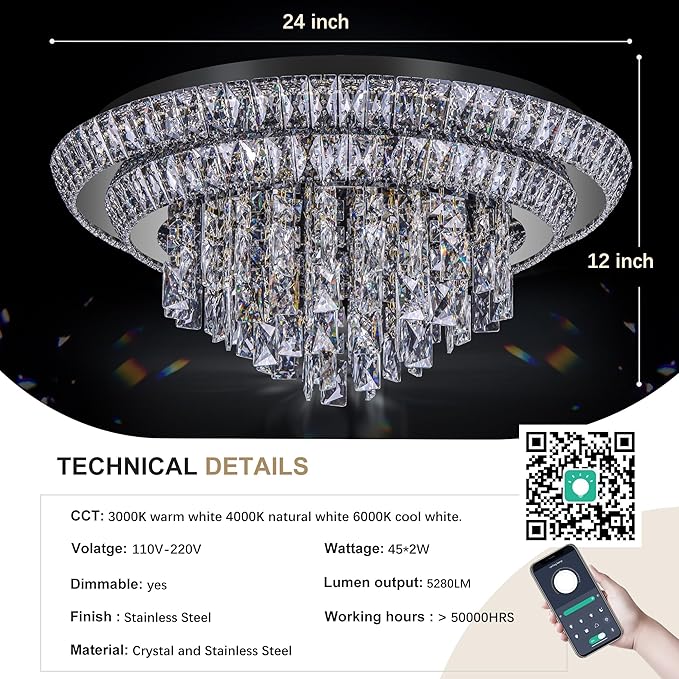 24 inch Crystal Black Ceiling-Light Flush Mount