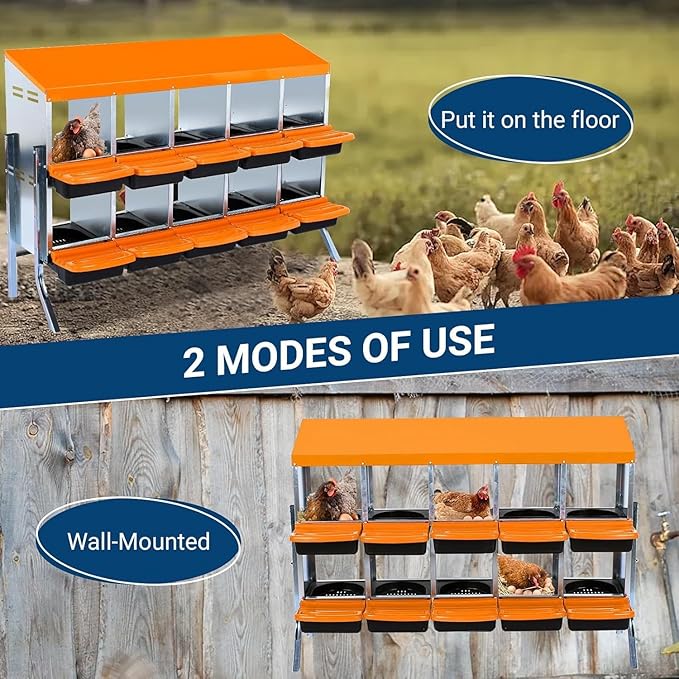 Chicken Nesting Box, 10 Hole 2 Layer Hen Nest Boxes with Legs, Roll-Away Egg Collection System with Ventilation Holes，Rustproof Plastic Tray & Keyhole Mounting, Chicken Laying Box