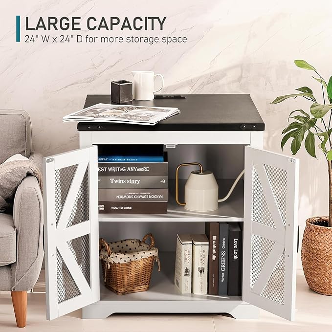 Farmhouse End Table Set of 2, 24" Large Sofa Side Table with Charging Station, Mesh Barn Door, White Nightstand with Adjustable Storage Shelf, Square Nightstand for Living Room, Bedroom