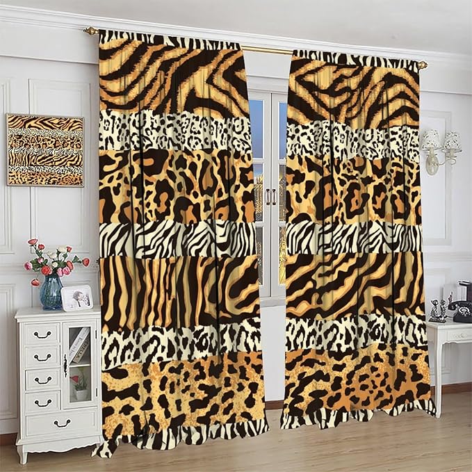 Leopard Print Blackout Curtains, Wild Animals Print African Tropical Skins Window Treatments for Bedroom Living Room 63" W X 63" L