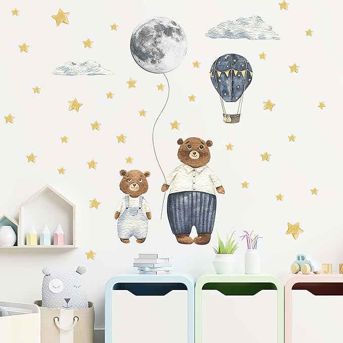 Papa & Baby Bear Wall Decals - Peel and Stick Bears Hot Air Balloon Stars Moon Clouds Wall Stickers, Decor for Baby Nursery, Toddler & Kids Bedroom Walls (Bears)