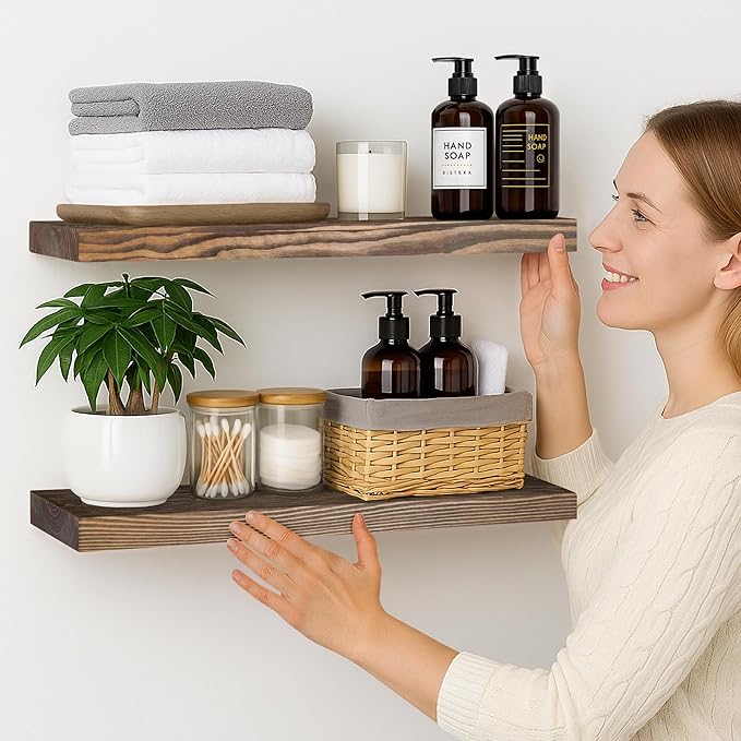 BGMG Wood Floating Shelves for Wall 24 inch Set of 2, Rustic Wooden Wall Mount Shelves for Bathroom Living Room Bedroom Kitchen Farmhouse -24x 6.7 x1.25 inch- Walnut Color