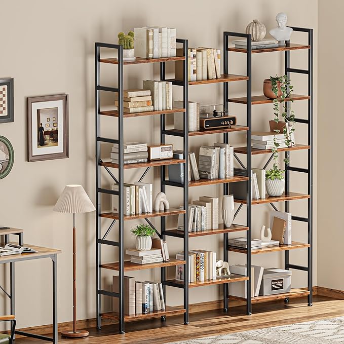 SUPERJARE Triple 6 Tier Bookshelf, Bookcase with 17 Open Display Shelves, Wide Book Shelf Book Case for Home & Office, Rustic Brown