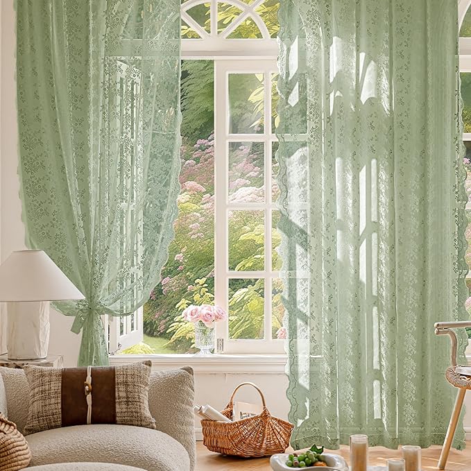 Anmao Vintage Sage Green Lace Curtains 90 Inches Long 2 Panels Sets, Romantic Light Filtering Semi Sheer Floral Thick Lacy Curtain Drapes for Living Room and Bedroom, Each Panel 55W x 90L, Sage Green