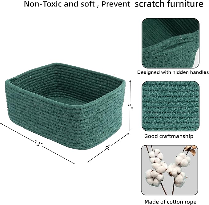 Small Woven Storage Baskets 13“X9”X5“ Decorative Rope Bins for Organizing Shelves, Closets, and Toys, Empty Gift Baskets, Cute Organizer Basket for Home and Office (dark green, Large)