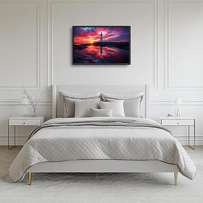 Olivine Lighthouse Wall Art, Nautical Coastal Pictures Wall Decor, Beach Sunset Paintings, Ocean Canvas Prints, Framed Artwork for Bathroom Bedroom Living Room Office Home Decoration 36"x24"
