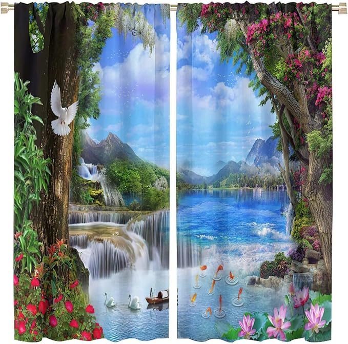 Spring Jungle Waterfall Blackout Window Curtains, Tropical Rainforest Floral Tree Waterfall Landscape Print Window Drapes, for Living Room Bedroom 42x54in 2 Panels