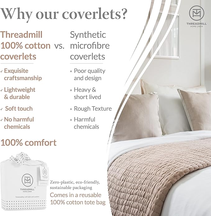 Threadmill Luxury Cotton Blankets for Queen Size Bed | All-Season 100% Cotton Queen Size Blanket | Aster Jacquard Cozy Lightweight, Soft Breathable Coverlet fits Full Size Bed, 90x92 | Beige