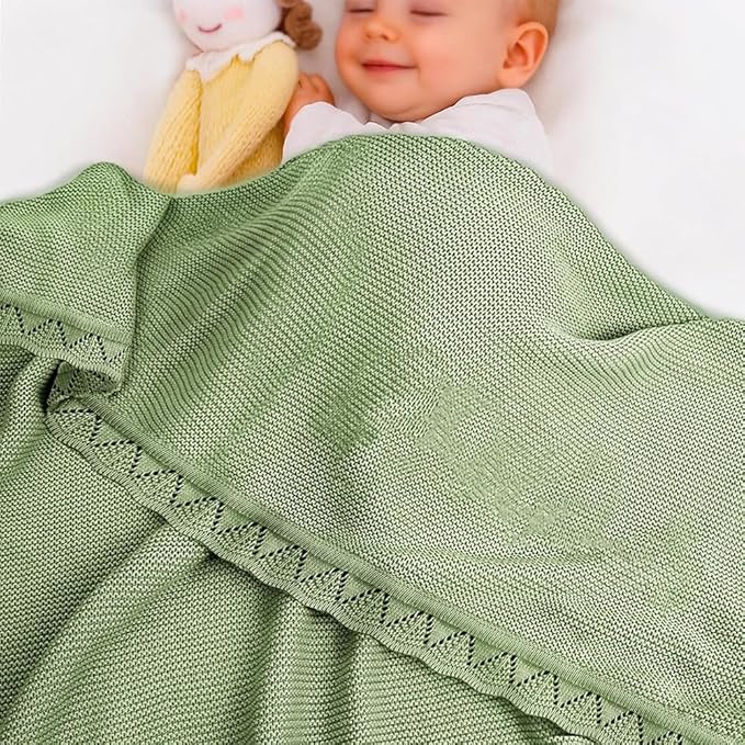 Baby Knit Blanket Soft Breathable Cotton Scallop Border Blankets Newborn Knitted Blanket Swaddle Blankets Gifts for Baby Newborn Toddler Shower Boy Girl New Mom Birthday Christmas SG 30x40