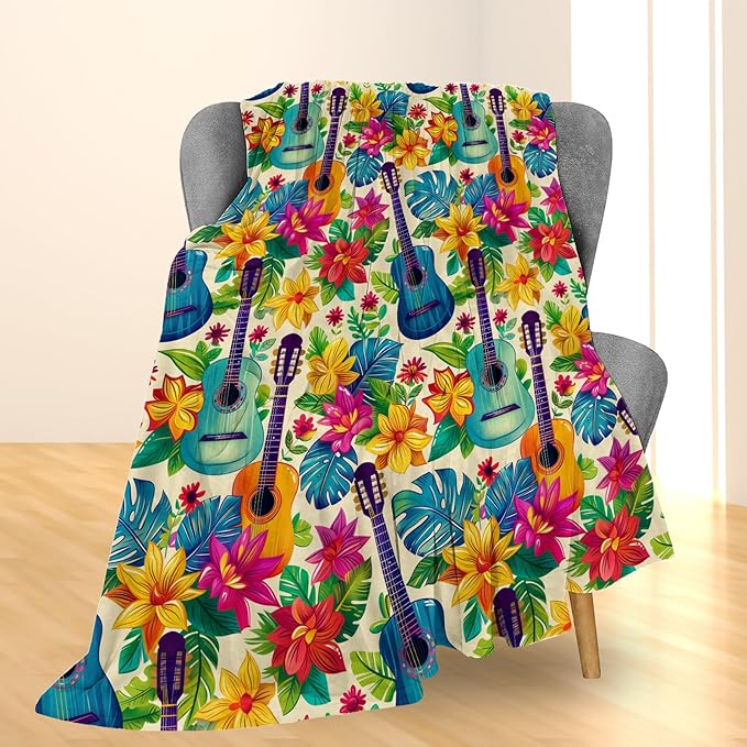 Tropical Colorful Guitar and Floral Blanket, Soft Flannel Throw for Couch, Bed, Travel, Living Room & Home Decor, Cozy Lightweight Warm Fuzzy Blankets for Adults Kids Women Girls 80×60 in
