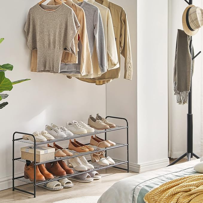 YMYNY Freestanding Shoe Racks, 3 Tiers Stackable & Adjustable Shoe Storage Shelf, Extra Large Capacity Shoe Organizer Stand for 20-24 Pairs, for Entryway, Closet, Bedroom, Black, 42.9" L, UHXJ302B