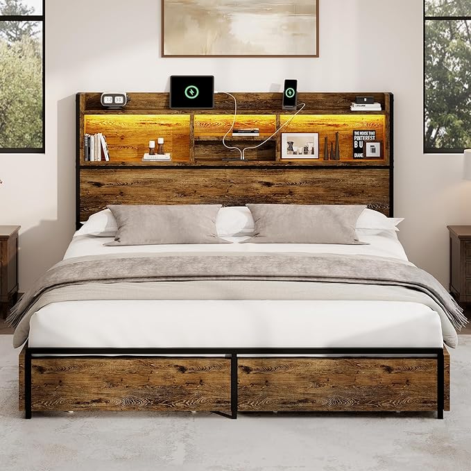 Queen Storage Bed Frame with 6 Drawers, USB Charging Station, No Noise