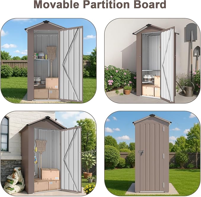 2.5x1.4 FT Heavy-Duty Brown Metal Storage Shed–Lockable Small Tool Shed with Adjustable Shelves Garden Sheds & Outdoor Storage, Tool Shed Outdoor Storage in Garden, Backyard, Patio, Poolside