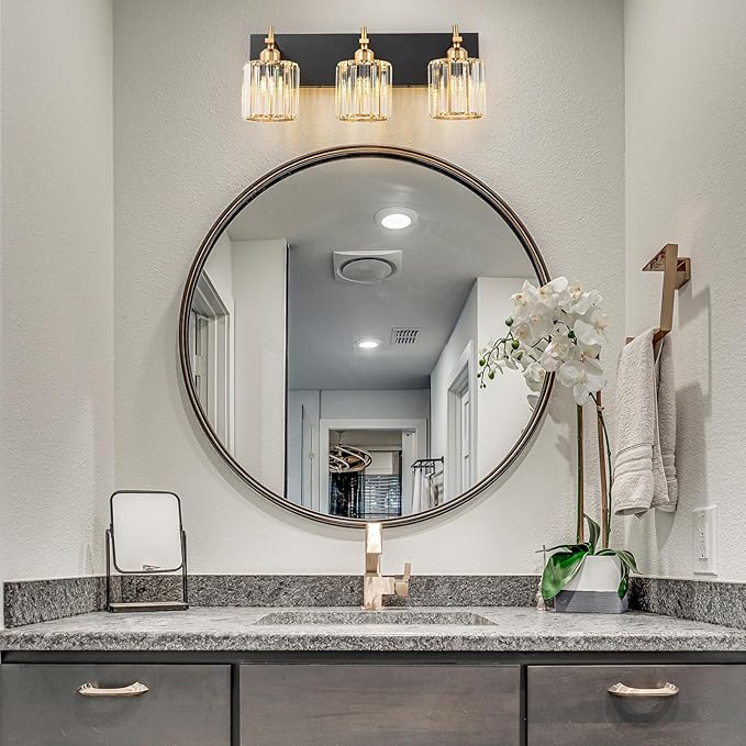 Modern Crystal Bathroom Vanity Lights, 3-Lights Black Gold Bathroom Light