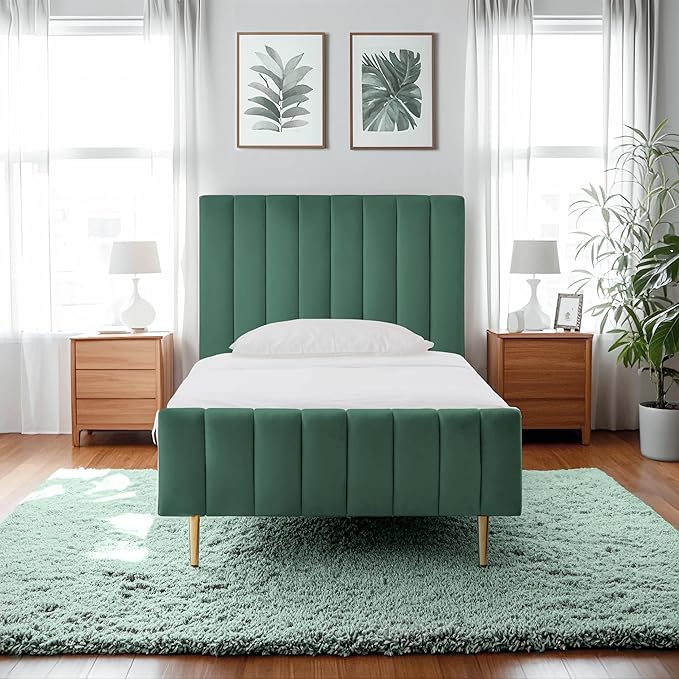 Livinia Twin Size Elton Velvet Platform Bed, Upholstered Bed Frame with Vertical Channel Tufted Headboard Footboard, Strong Wood Slats, No Box Spring Needed, Green (Twin)
