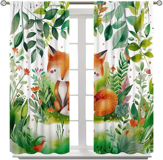 Kids Fox Curtain Cute Cartoon Fox Window Treatment for Girls Boys Bedroom Wildlife Woodland Animal Botanical Plant Window Drapes for Living Room Teens Nursery W42xL54(Decor)