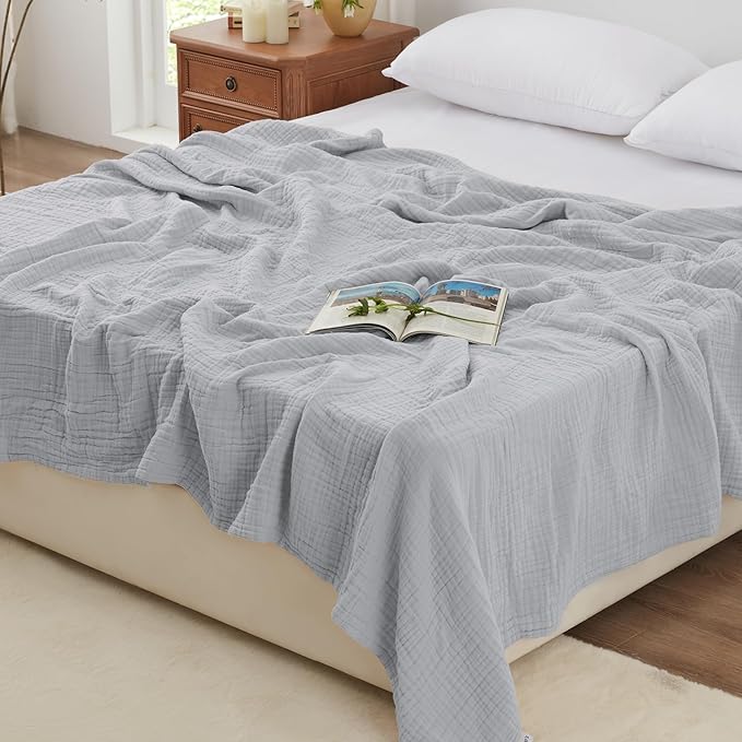 Love's cabin 6 Layer 100% Cotton Muslin Blanket, 108"x90" Muslin King Size Blanket for Bed Couch, Lightweight and Breathable Cotton Gauze, Light Grey