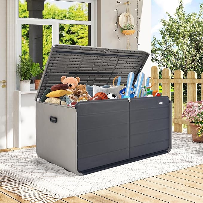 Domi 260 Gallon Outdoor Storage Box – Waterproof, UV-Resistant Deck Box with Lockable Lid for Patio Furniture, Garden Tools, Delivery Packages (Large Resin Storage Bin）