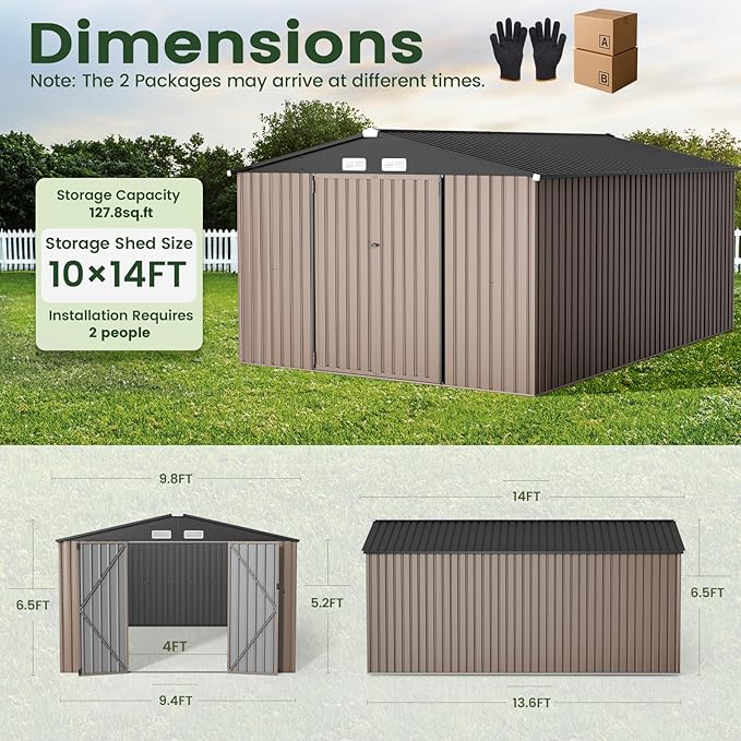 GVDV 10x14 FT Outdoor Metal Storage Shed, Durable Garden Shed with Updated Frame Structure for Backyard, Patio, Tool Storage, All-Weather Shelter for Bike, Gardening Tools, Lawn Mowers