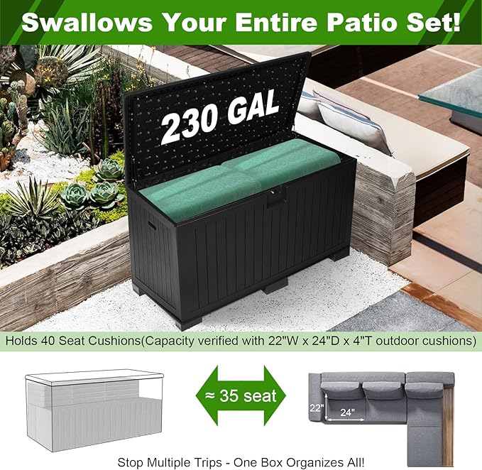 230 Gallon Outdoor Storage Box Waterproof, Extra Large Plastic Outside Deck Box Weatherproof, Resin Patio Storage Bin with Lock and Lids for Pool Equipment and Cusion