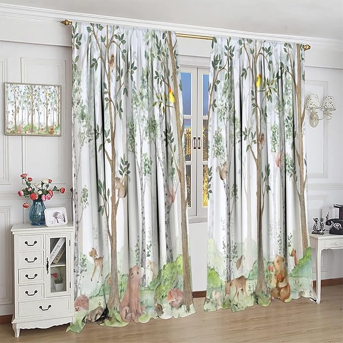 Kids Watercolor Woodland Animal Window Curtains, Bear Deer Squirrel Hedgehog Fox Birds Green Forest Blackout Rod Pocket Window Treatment for Boys Girls Bedroom 72x63in