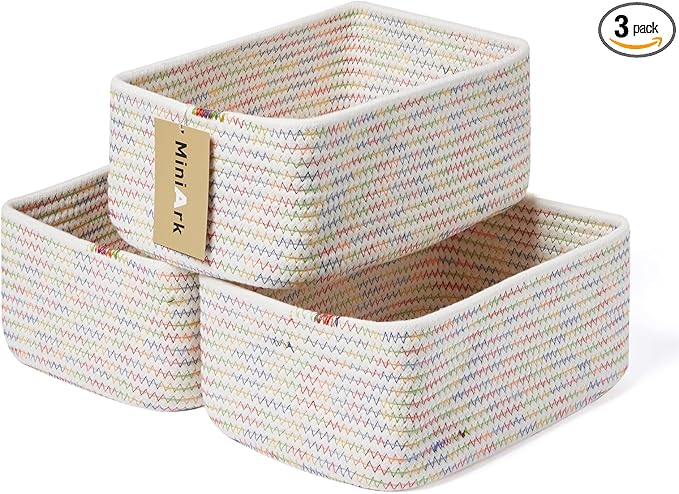 Small Storage Baskets for Organizing | Closet Organizer Bins | Shelf Toy Basket | Woven Rope Baskets | Cube Decorative Box | Shallow Basket | 11.5x7.5x4.7” | 3 Packs Rainbow