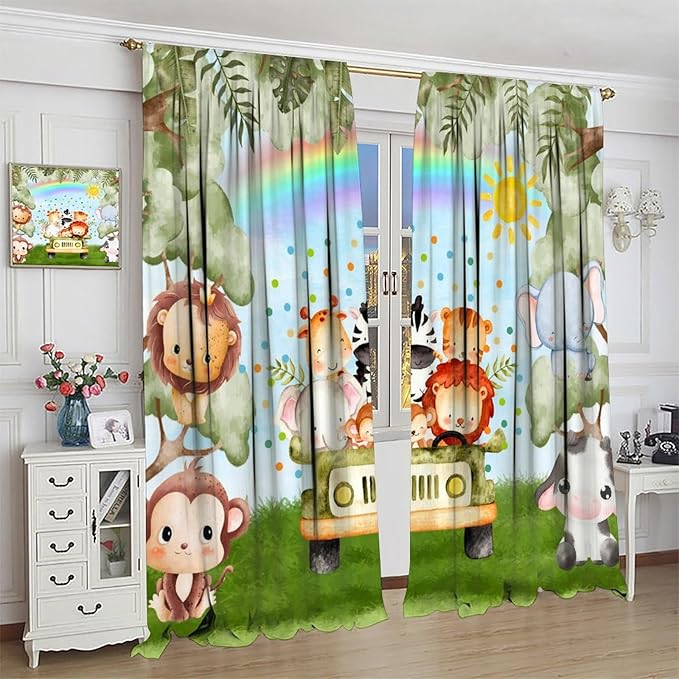 Woodland Kids Curtains Rustic Woodland Wild Animals Watercolor Forest Rainbow Sun Window Draeps for Baby Girls Boys Kids Nursery Bedroom Living Room 2 Panels, 63x63 Inch