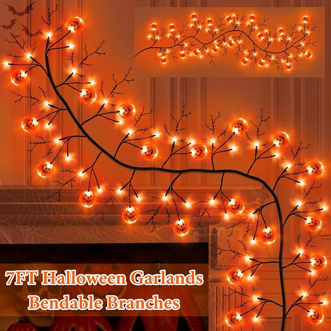 7 Ft 63 LED Halloween Decorations Willow Vine Twig Garland with 8 Modes Timer 21 Pumpkin Orange Lights, Halloween Garland with Waterproof Battery Operated for Indoor Wall Fireplace Decorations