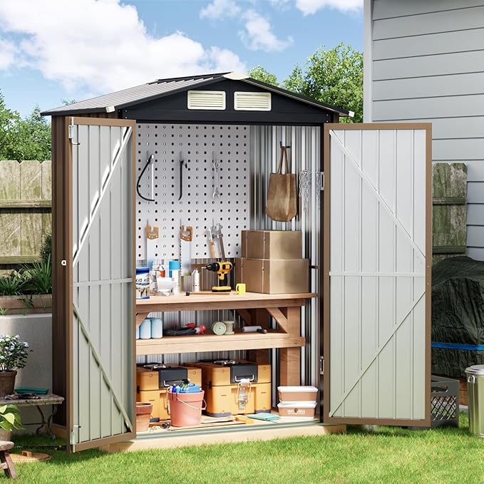Breezz 5x3FT Outdoor Steel Storage Shed, Lockable Doors, Compact Metal Tool Shed for Garden, Backyard, Patio, Utility, and Bike Storage,Brown